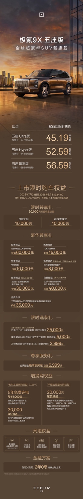 推3款车型极氪9x五座版上市限时价45.19-56.59万元